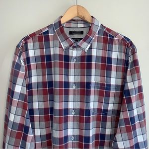 Banana Republic Men Size XL Shirt Plaid Customo78 Wash Long Sleeves Maroon Blue